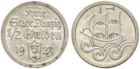 Nebengebiete. DANZIG 
1/2 Gulden 1923. J. D 6. Prachtexemplar, fast Stempelglanz
