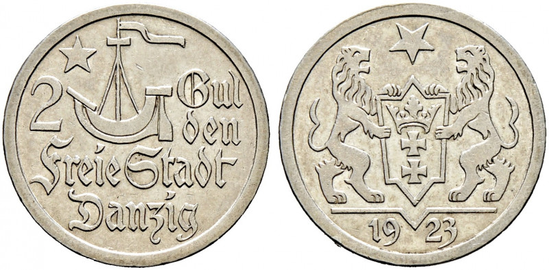Nebengebiete. DANZIG 
2 Gulden 1923. J. D 8. minimaler Randfehler, gutes sehr s...