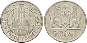Nebengebiete. DANZIG 
5 Gulden 1923. Marienkirche. J. D 9. minimale Randfehler, vorzüglich