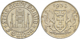 Nebengebiete. DANZIG 
5 Gulden 1932. Marienkirche. J. D 17. selten, minimaler Randfehler, sehr schön