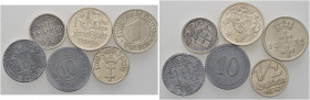 Nebengebiete. DANZIG 
Lot (6 Stücke): 10 Pfennig 1920 -Zink-, 1/2 Gulden 1927 und 1932, Gulden 1932 und 1932 (J. D 1a, 6, 7, 14, 15) sowie Zink-Notmü...