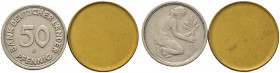 LOTS. 
2 Stücke: BANK DEUTSCHER LÄNDER, 50 Pfennig 1949 J nahezu "ohne Jahreszahl" durch entsprechende Stempelabnutzung (J. 379) sowie BRD, Rohling/S...
