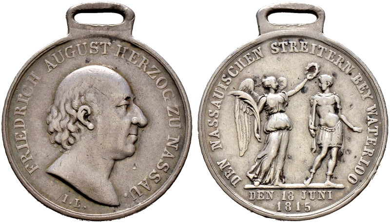 Deutschland. Nassau 
Tragbare, silberne Waterloo-Medaille 1815 von J. Lindensch...