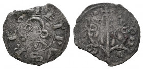 Kingdom of Navarre and Aragon. Pedro el de Huesca (1094-1104). Dinero. Jaca (Huesca). (Cru-213 var). Ve. 0,78 g. Dot before the bust and dots on the s...