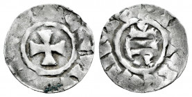 The Crown of Aragon. Bisbe Teodoric (904-937). Carolingian imitation obol. County of Barcelona. In the name of CARLOS. (Cru C.G-1812). Ag. 0,70 g. Ver...