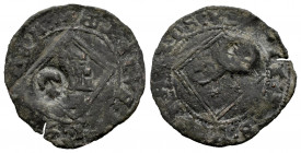 Kingdom of Castille and Leon. Henry IV (1399-1413). Blanca de rombo. Segovia. (Bautista-1083). Ve. 1,00 g. Countermark crescent with star on obverse. ...