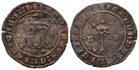 Catholic Kings (1474-1504). 2 maravedis. Burgos. (Cabeza de águila). (Cal-70). Ae. 2,97 g. Struck for Santo Domingo. Very rare. VF/Almost VF. Est...40...