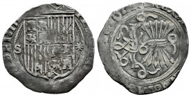 Catholic Kings (1474-1504). 1 real. Sevilla. (Cal-420). Ag. 3,35 g. Shield between S and *. VF. Est...70,00. 

Spanish Description: Fernando e Isabe...