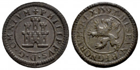 Philip II (1556-1598). 2 maravedis. 1598/7. Segovia. (Cal-unlisted). (Jarabo-Sanahuja-B9). Ae. 3,58 g. Clear rectification of date. Without mintmark a...