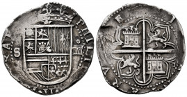 Philip II (1556-1598). 4 reales. Sevilla. (Cal-576). Ag. 13,42 g. Fleur de lis between shield and crown. "Square d" assayer on reverse. Rectified valu...
