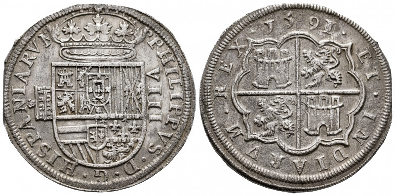 Philip II (1556-1598). 8 reales. 1590/1. Segovia. (Cal-712). Ag. 26,32 g. Aquedu...