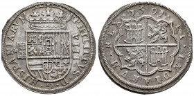 Philip II (1556-1598). 8 reales. 1590/1. Segovia. (Cal-712). Ag. 26,32 g. Aqueduct with two rows of three arches. Clear overdate. Partially rusted sur...