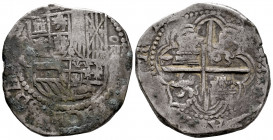 Philip III (1598-1621). 8 reales. ND (1612-1616). Potosí. Q. (Cal-916). Ag. 26,92 g. It retains some verdigris. Castles and lions. Almost VF. Est...12...