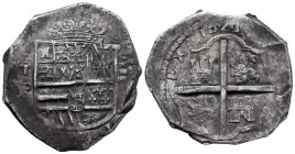 Philip III (1598-1621). 8 reales. 1621. Toledo. P. (Cal-992). Ag. 27,22 g. The digit 2 of the date as Z. Five fleurs de lis in the Old Burgundy. Full ...