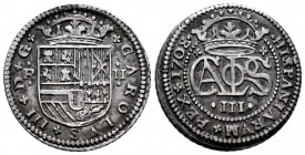 Charles III The Pretender (1701-1714). 2 reales. 1708. Barcelona. (Cal-24). (Cal-29). Ag. 5,06 g. Toned. Choice VF. Est...90,00. 

Spanish Descripti...