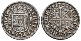 Philip V (1700-1746). 1 real. 1738. Sevilla. PJ. (Cal-661). Ag. 2,96 g. Almost XF. Est...70,00. 

Spanish Description: Felipe V (1700-1746). 1 real....