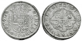 Philip V (1700-1746). 2 reales. 1726. Cuenca. JJ. (Cal-673). Ag. 5,79 g. Choice VF. Est...75,00. 

Spanish Description: Felipe V (1700-1746). 2 real...