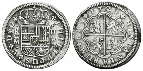 Philip V (1700-1746). 2 reales. 1721. Madrid. A. (Cal-774). Ag. 5,44 g. Almost VF. Est...35,00. 

Spanish Description: Felipe V (1700-1746). 2 reale...