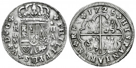Philip V (1700-1746). 2 reales. 1725/4. Madrid. A. (Cal-779). Ag. 4,96 g. Clear overdate. Rare inverted ᗡ rectification on D. Rare. Choice VF. Est...1...