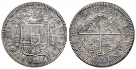 Philip V (1700-1746). 2 reales. 1723. Segovia. F. (Cal-958). Ag. 5,44 g. Faint scratches. Choice VF/Almost XF. Est...70,00. 

Spanish Description: F...