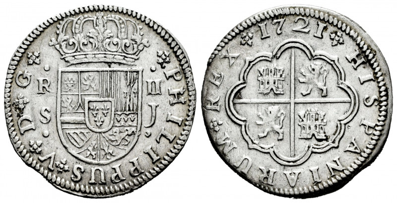 Philip V (1700-1746). 2 reales. 1721. Sevilla. J. (Cal-979). Ag. 5,42 g. Choice ...