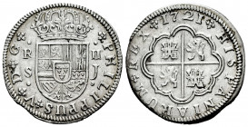 Philip V (1700-1746). 2 reales. 1721. Sevilla. J. (Cal-979). Ag. 5,42 g. Choice VF/VF. Est...70,00. 

Spanish Description: Felipe V (1700-1746). 2 r...
