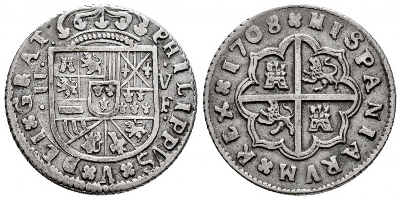 Philip V (1700-1746). 2 reales. 1708. Valencia. F. (Cal-1001). Ag. 5,72 g. Very ...