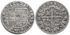 Philip V (1700-1746). 2 reales. 1708. Valencia. F. (Cal-1001). Ag. 5,72 g. Very scarce. VF/Choice VF. Est...250,00. 

Spanish Description: Felipe V ...