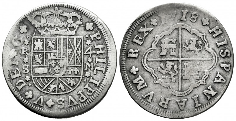 Philip V (1700-1746). 4 reales. 1718. Sevilla. (Cal-1222). Ag. 10,97 g. VF/Almos...