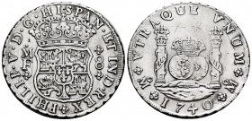 Philip V (1700-1746). 8 reales. 1740. Mexico. MF. (Cal-1456). Ag. 26,60 g. Scratches. Cleaned. Choice VF. Est...350,00. 

Spanish Description: Felip...