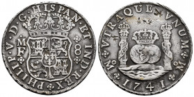 Philip V (1700-1746). 8 reales. 1741. Mexico. (Cal-1458). Ag. 26,41 g. Chop marks. Toned. VF. Est...320,00. 

Spanish Description: Felipe V (1700-17...
