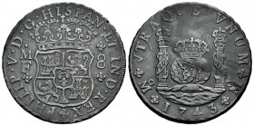 Philip V (1700-1746). 8 reales. 1743. Mexico. MF. (Cal-1463). Ag. 26,49 g. Dark patina. Choice VF. Est...300,00. 

Spanish Description: Felipe V (17...