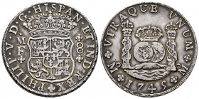 Philip V (1700-1746). 8 reales. 1745. Mexico. MF. (Cal-1468). Ag. 27,16 g. Toned. Choice VF. Est...500,00. 

Spanish Description: Felipe V (1700-174...