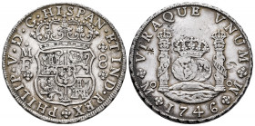Philip V (1700-1746). 8 reales. 1746. Mexico. MF. (Cal-1470). Ag. 27,14 g. Chop marks. Delicate patina. Choice VF. Est...350,00. 

Spanish Descripti...