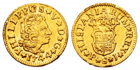 Philip V (1700-1746). 1/2 escudo. 1744. Sevilla. PJ. (Cal-1648). Au. 1,76 g. Second bust. Scratches. Wavy flan. Choice VF. Est...150,00. 

Spanish D...