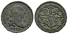Charles III (1759-1788). 2 maravedis. 1778. Segovia. (Cal-42). Ae. 2,64 g. Very beautiful specimen. XF. Est...55,00. 

Spanish Description: Carlos I...
