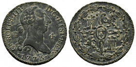 Charles III (1759-1788). 4 maravedis. 1773. Segovia. (Cal-53). Ae. 5,27 g. Choice VF. Est...30,00. 

Spanish Description: Carlos III (1759-1788). 4 ...
