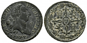 Charles III (1759-1788). 4 maravedis. 1777. Segovia. (Cal-57). Ae. 5,28 g. Choice VF. Est...30,00. 

Spanish Description: Carlos III (1759-1788). 4 ...