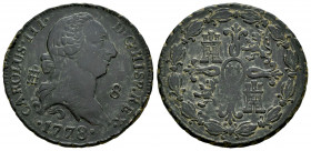 Charles III (1759-1788). 8 maravedis. 1778. Segovia. (Cal-75). Ae. 11,55 g. Attractive. Choice VF. Est...60,00. 

Spanish Description: Carlos III (1...