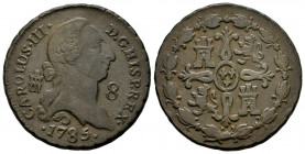 Charles III (1759-1788). 8 maravedis. 1785. Segovia. (Cal-81). Ae. 12,12 g. VF. Est...30,00. 

Spanish Description: Carlos III (1759-1788). 8 marave...