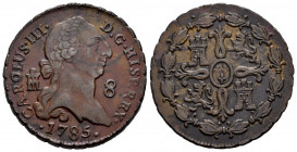 Charles III (1759-1788). 8 maravedis. 1785. Segovia. (Cal-81). Ae. 12,18 g. Almost XF. Est...180,00. 

Spanish Description: Carlos III (1759-1788). ...