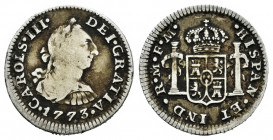 Charles III (1759-1788). 1/2 real. 1773. Mexico. FM. (Cal-196). Ag. 1,65 g. Legend CAROLS. Rare. Choice F/Almost VF. Est...250,00. 

Spanish Descrip...