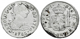 Charles III (1759-1788). 2 reales. 1785. Lima. MI. (Cal-600). Ag. 6,59 g. Cleaned. Choice F. Est...35,00. 

Spanish Description: Carlos III (1759-17...