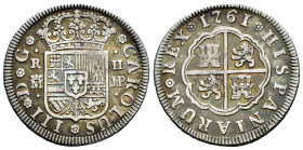 Charles III (1759-1788). 2 reales. 1761. Madrid. JP. (Cal-609). Ag. 5,61 g. Toned. VF. Est...70,00. 

Spanish Description: Carlos III (1759-1788). 2...