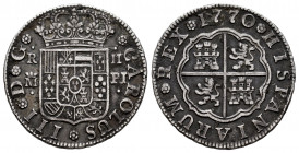 Charles III (1759-1788). 2 reales. 1770. Madrid. PJ. (Cal-619). Ag. 5,88 g. Dirty. Choice VF. Est...70,00. 

Spanish Description: Carlos III (1759-1...