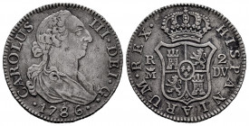 Charles III (1759-1788). 2 reales. 1786. Madrid. DV. (Cal-637). Ag. 5,54 g. Cleaned. VF. Est...25,00. 

Spanish Description: Carlos III (1759-1788)....