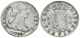 Charles III (1759-1788). 2 reales. 1788. Sevilla. C. (Cal-790). Ag. 5,86 g. The only year with this assayer. Almost VF/VF. Est...60,00. 

Spanish De...