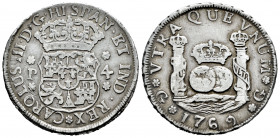 Charles III (1759-1788). 4 reales. 1769. Guatemala. P. (Cal-800). Ag. 13,32 g. Very rare in this condition. Toned. VF. Est...700,00. 

Spanish Descr...
