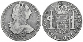 Charles III (1759-1788). 8 reales. 1772. Guatemala. P. (Cal-1005). Ag. 26,06 g. Mintmark G. Plugged hole. Flat edge. Rare. F. Est...120,00. 

Spanis...