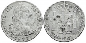 Charles III (1759-1788). 8 reales. 1777. Guatemala. P. (Cal-1009). Ag. 26,84 g. Scratch on obverse. Cleaned. Stains. Rare. Almost VF. Est...150,00. 
...